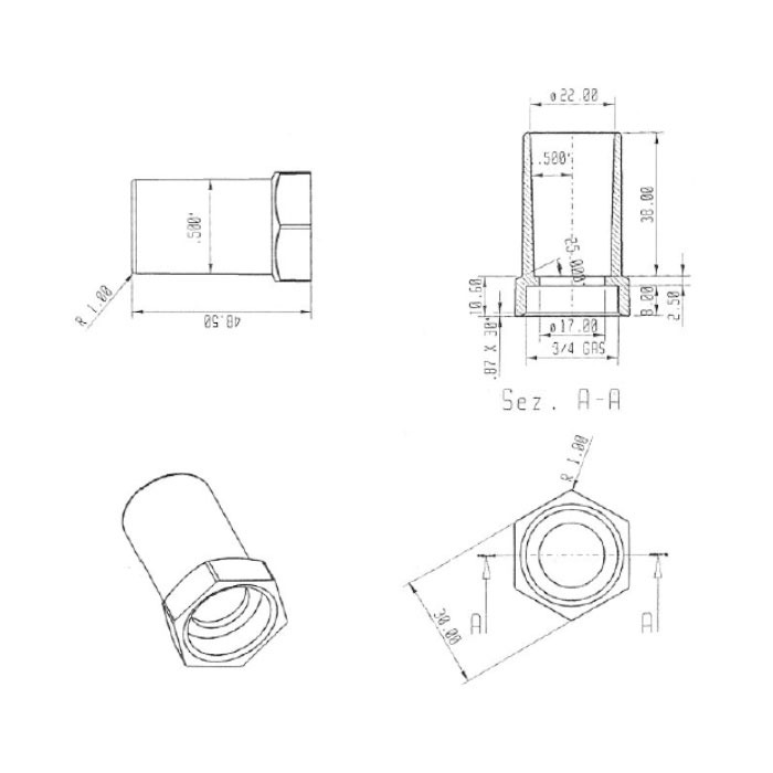 Prolunga da ¾ - disegno tecnico