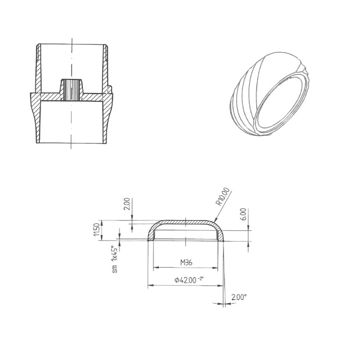 Maniglia Saturno con anello obliquo stretto - disegno tecnico