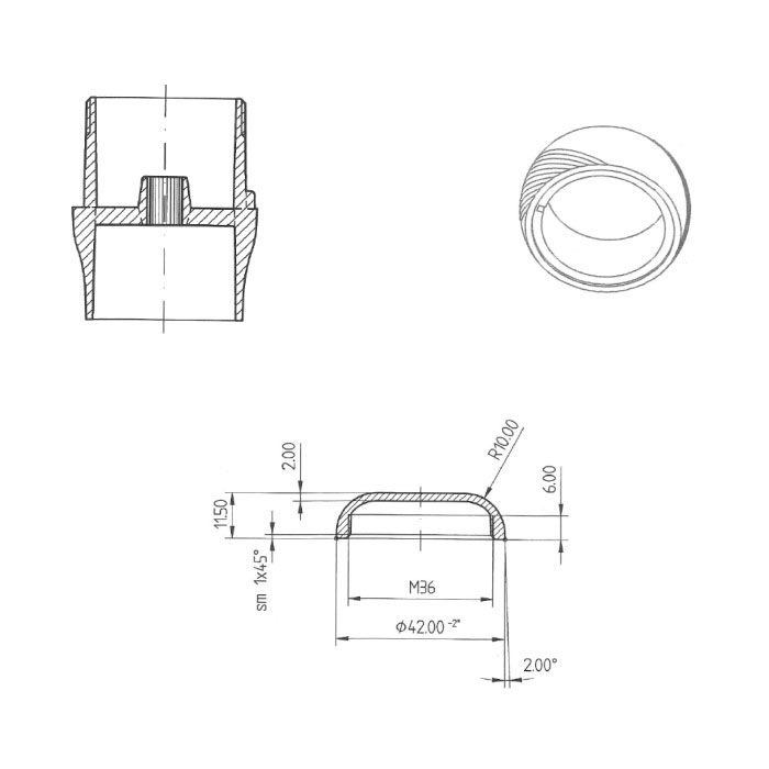 Handle Saturno with Oblique Narrow Ring - disegno tecnico